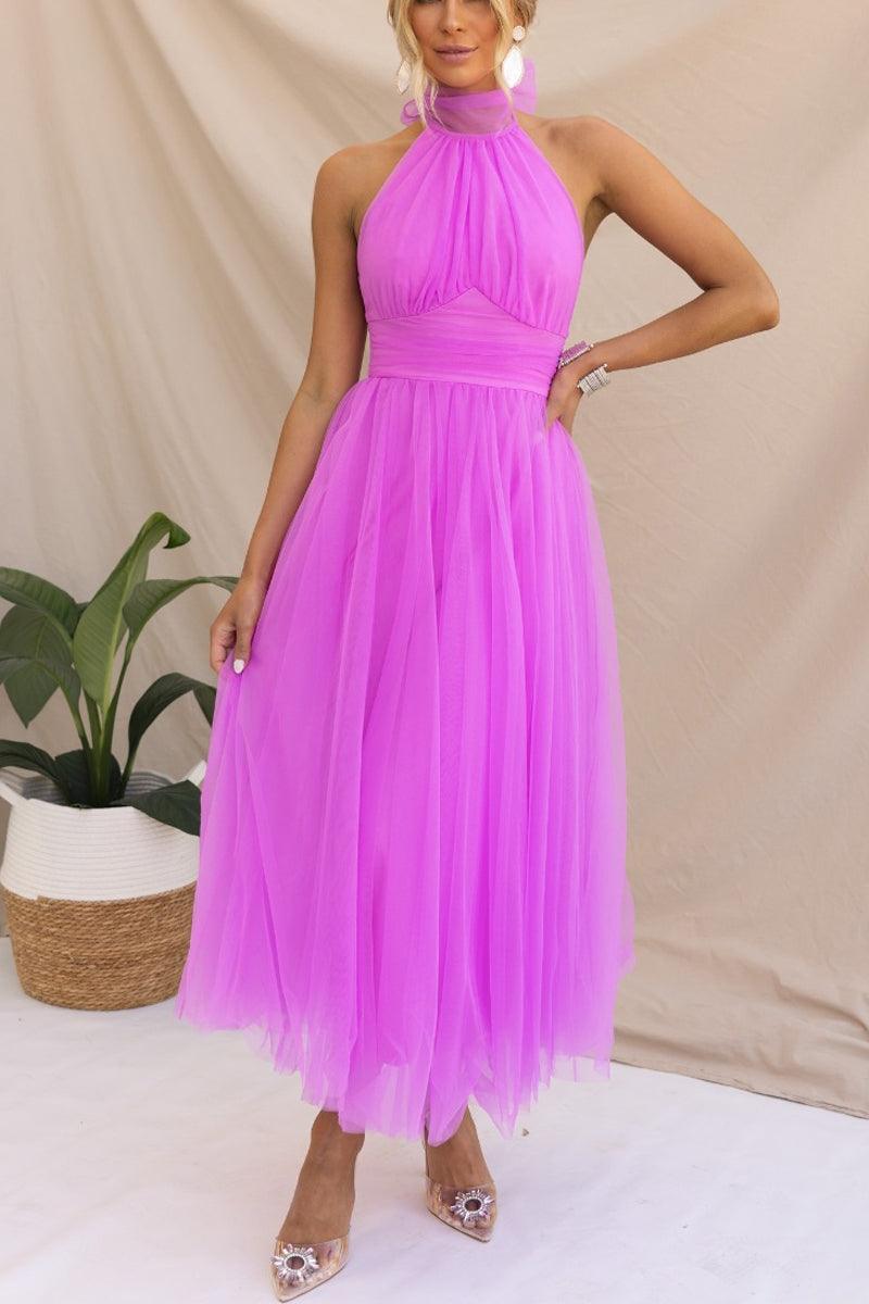 Abito Maxi Halter in Tulle con Dettagli Arricciati