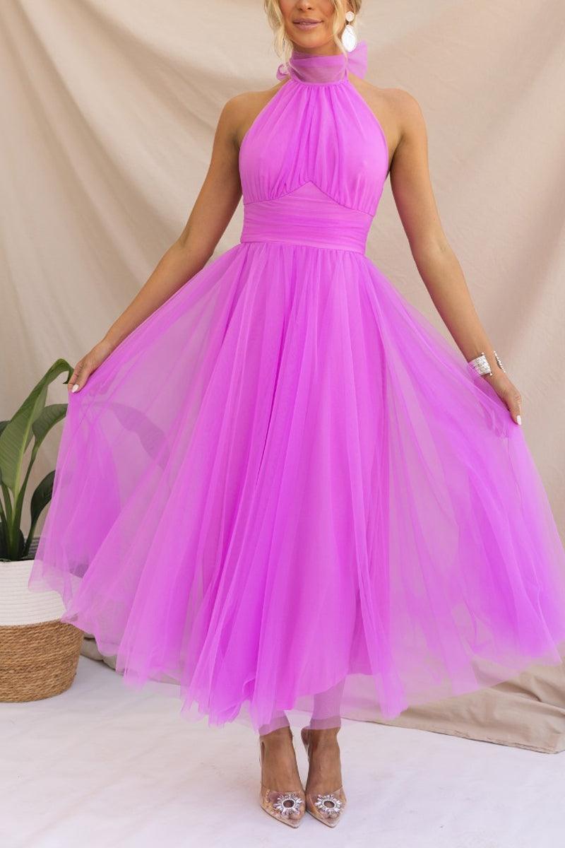 Abito Maxi Halter in Tulle con Dettagli Arricciati