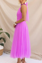 Abito Maxi Halter in Tulle con Dettagli Arricciati
