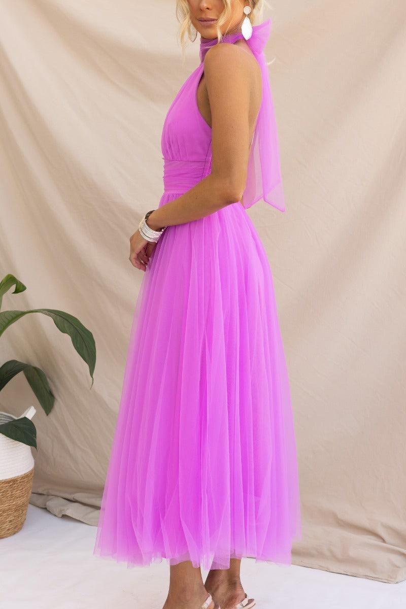 Abito Maxi Halter in Tulle con Dettagli Arricciati