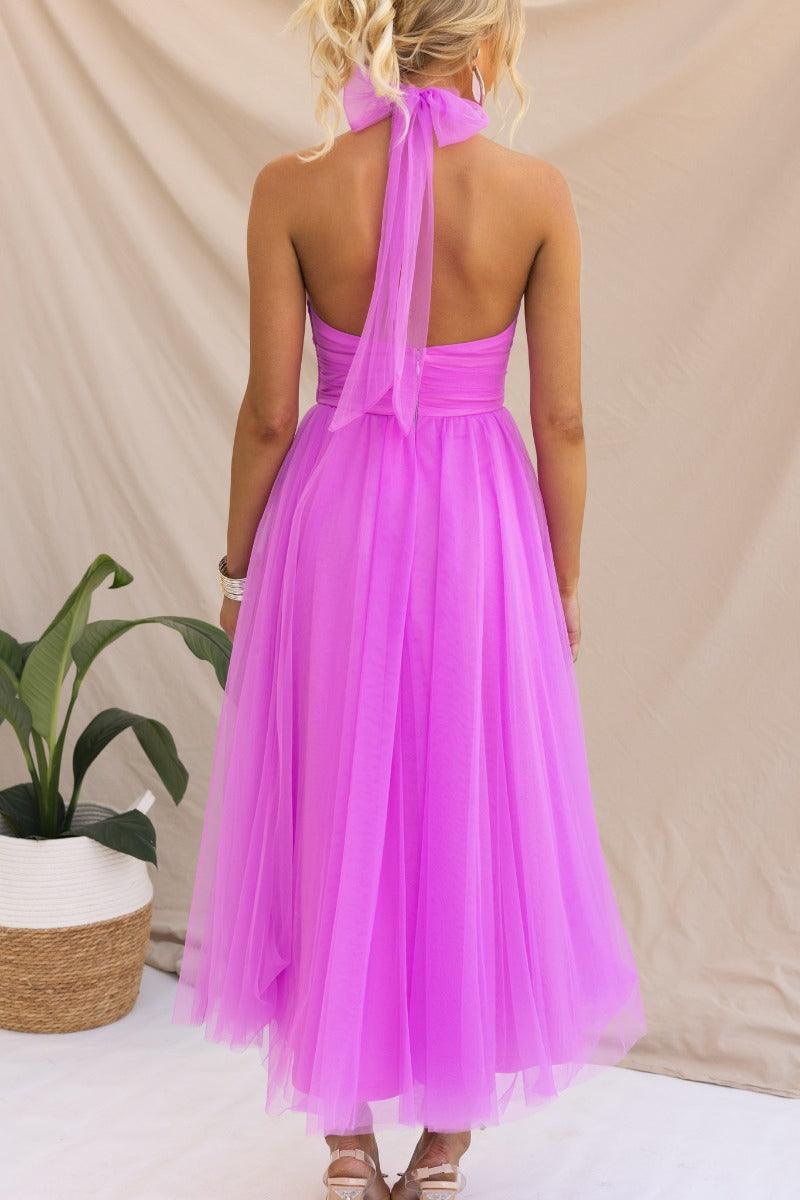 Abito Maxi Halter in Tulle con Dettagli Arricciati