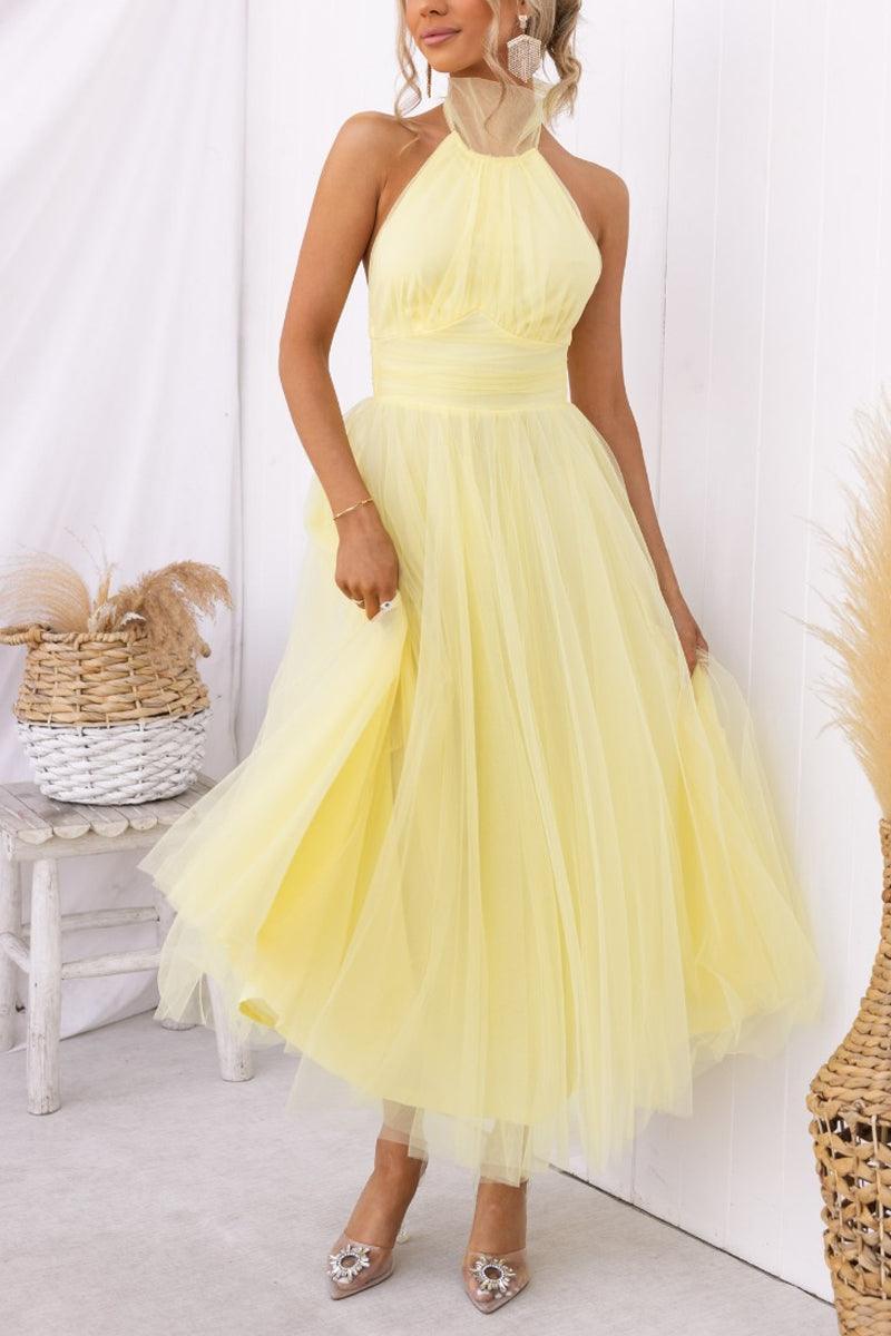 Abito Maxi Halter in Tulle con Dettagli Arricciati