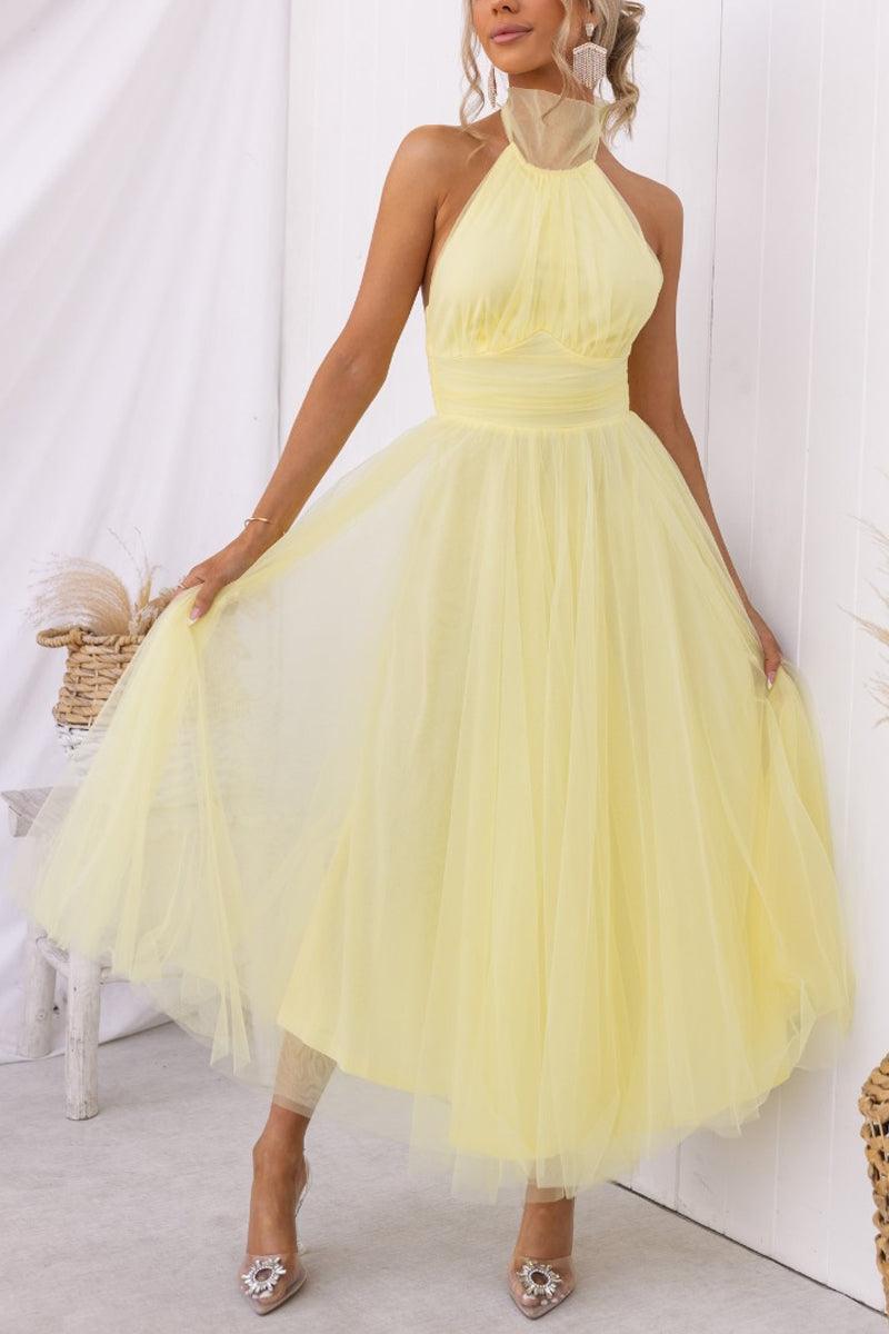 Abito Maxi Halter in Tulle con Dettagli Arricciati