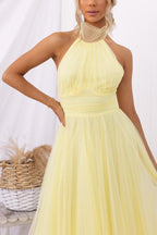 Abito Maxi Halter in Tulle con Dettagli Arricciati