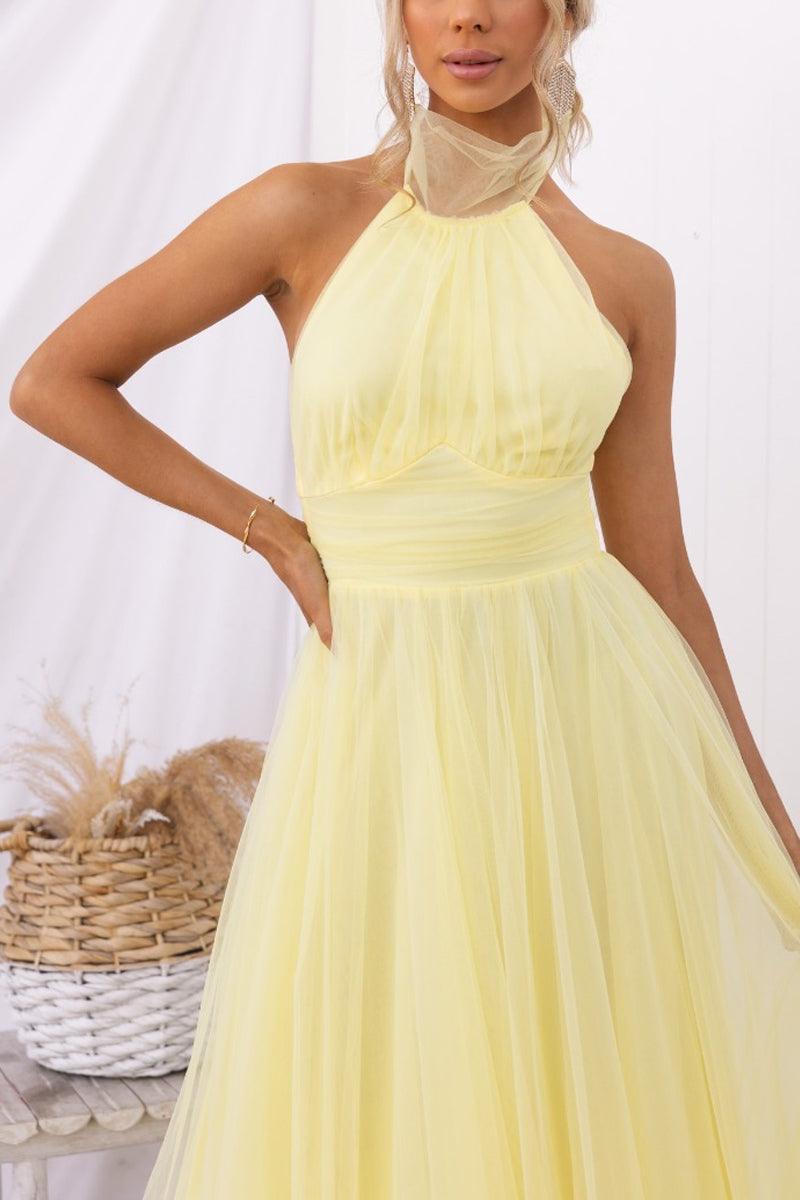 Abito Maxi Halter in Tulle con Dettagli Arricciati