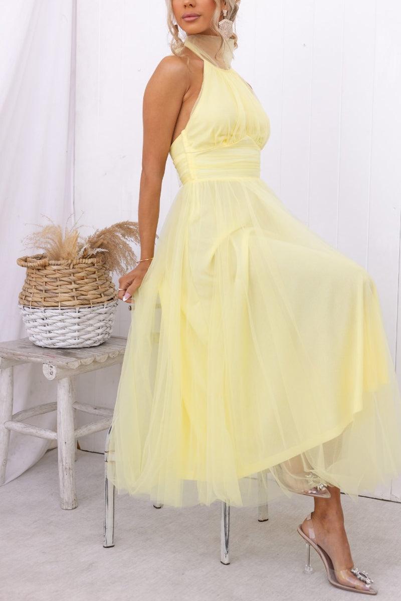 Abito Maxi Halter in Tulle con Dettagli Arricciati