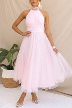 Abito Maxi Halter in Tulle con Dettagli Arricciati