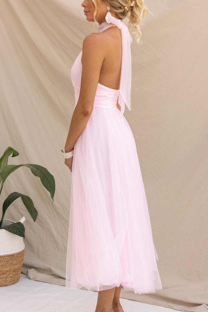 Abito Maxi Halter in Tulle con Dettagli Arricciati