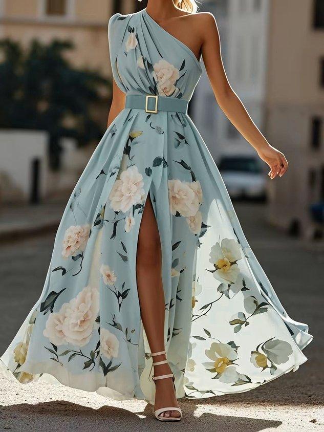 Abito Maxi Chiffon Verde Chiaro a Fiori con Rouches a Spalla Unica