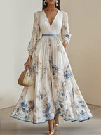 Abito Maxi A-Line in Chiffon Bianco Pieghettato con V Collo e Maniche a Palloncino a Fiori