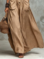 Genny | Abito Maxi in Cotone e Lino Khaki con Collo Camicia e Grandi Tasche Laterali