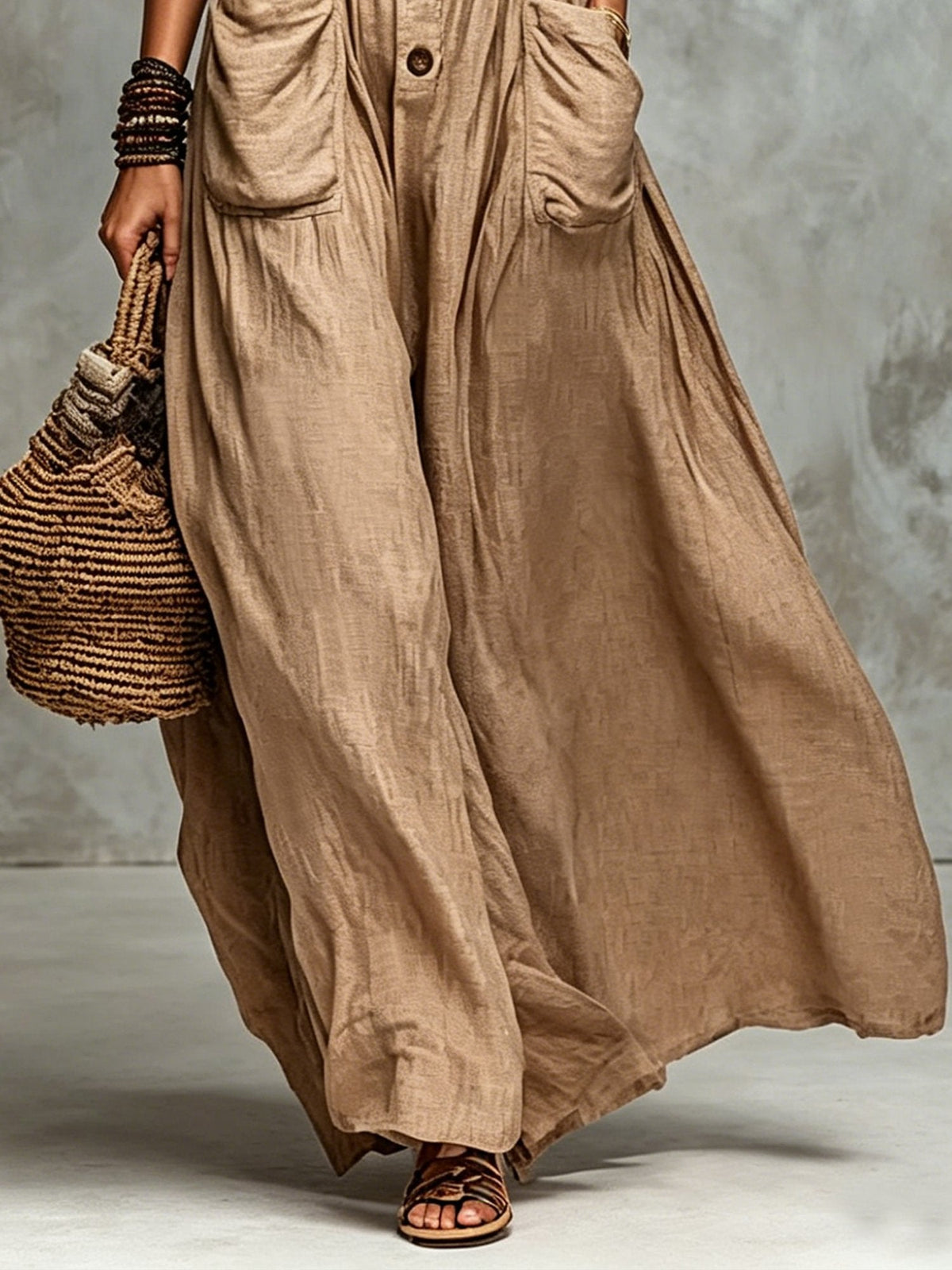 Genny | Abito Maxi in Cotone e Lino Khaki con Collo Camicia e Grandi Tasche Laterali