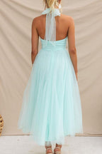 Abito Maxi Halter in Tulle con Dettagli Arricciati