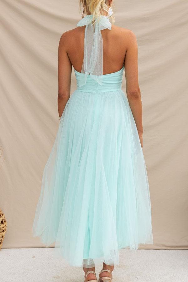 Abito Maxi Halter in Tulle con Dettagli Arricciati