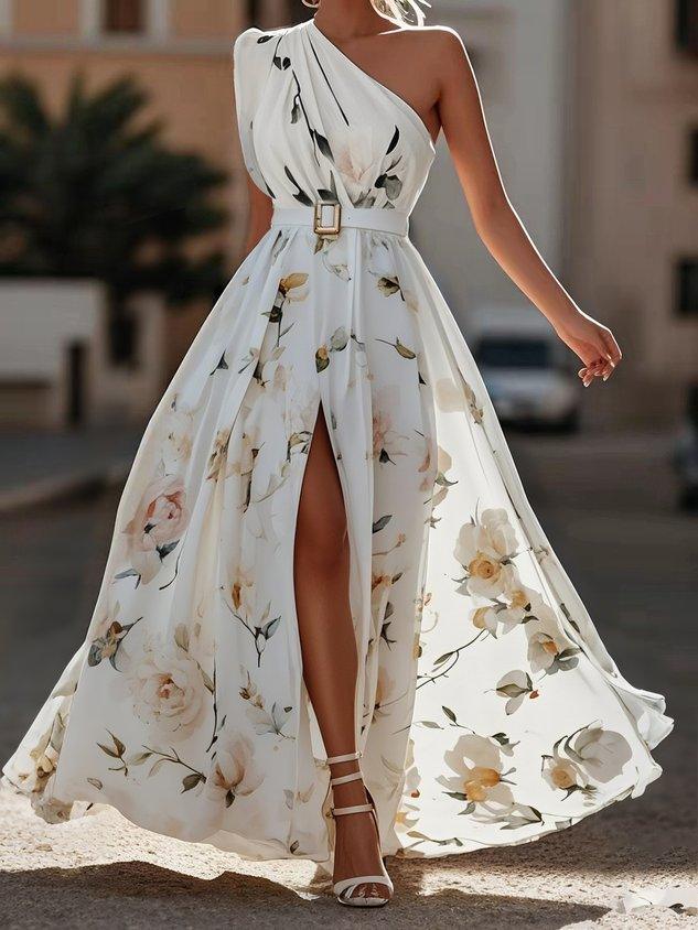 Abito Maxi Chiffon Verde Chiaro a Fiori con Rouches a Spalla Unica