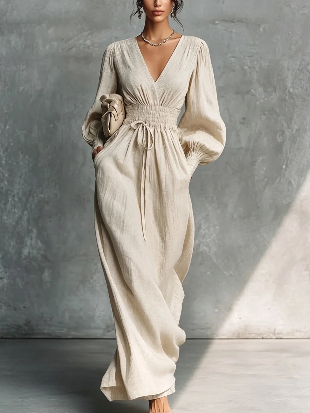 Serena | Vestito lungo in lino beige con maniche a lanterna