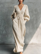 Serena | Vestito lungo in lino beige con maniche a lanterna