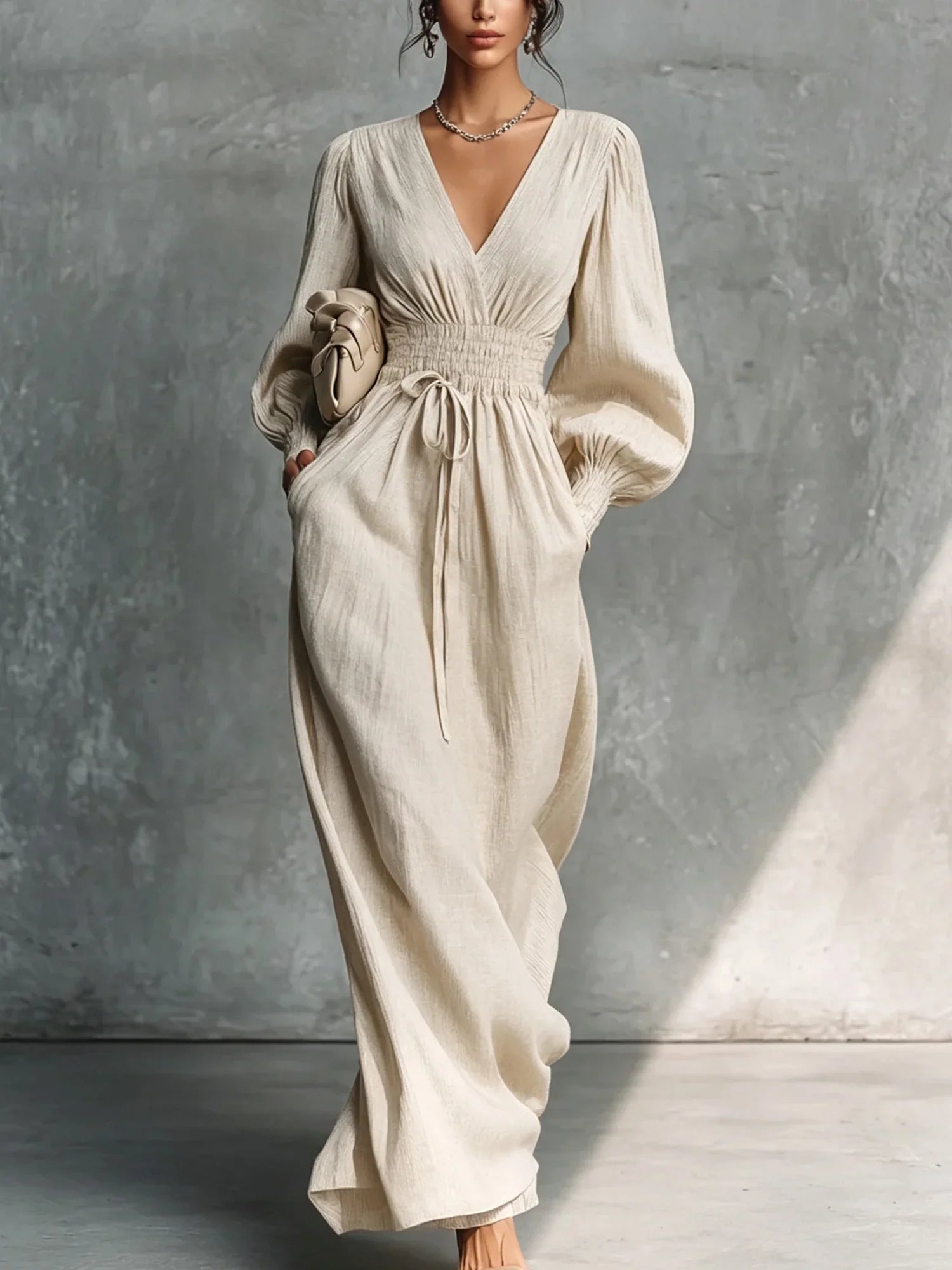 Serena | Vestito lungo in lino beige con maniche a lanterna