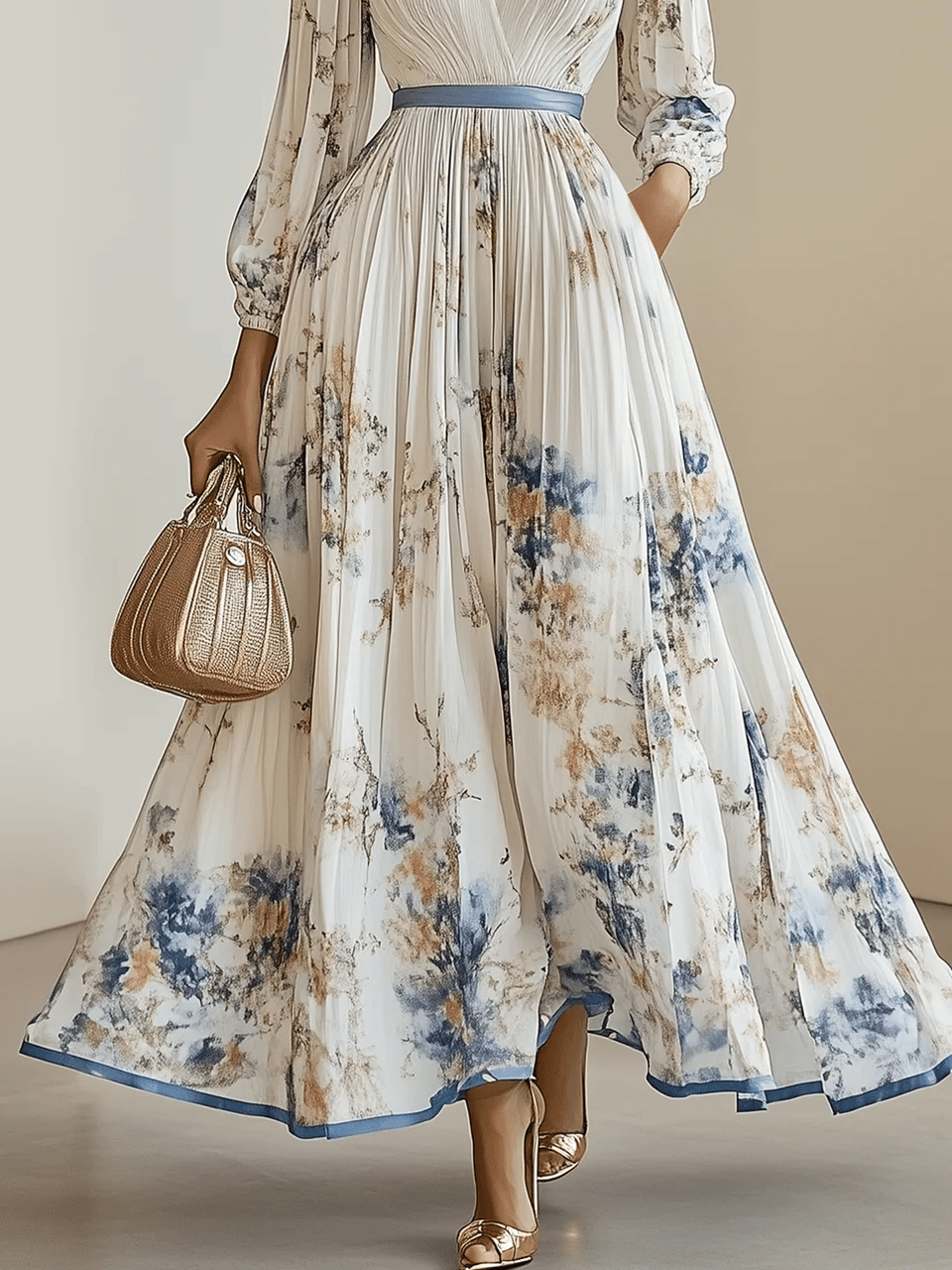 Abito Maxi A-Line in Chiffon Bianco Pieghettato con V Collo e Maniche a Palloncino a Fiori