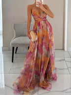 Abito Maxi A-Line V-Neck con Stampa Floreale Elegante