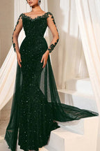 Abito da Sera Maxi in Tulle con Paillettes e Pizzo Marrone Scuro