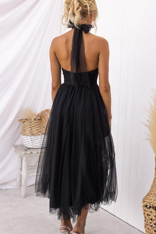 Abito Maxi Halter in Tulle con Dettagli Arricciati