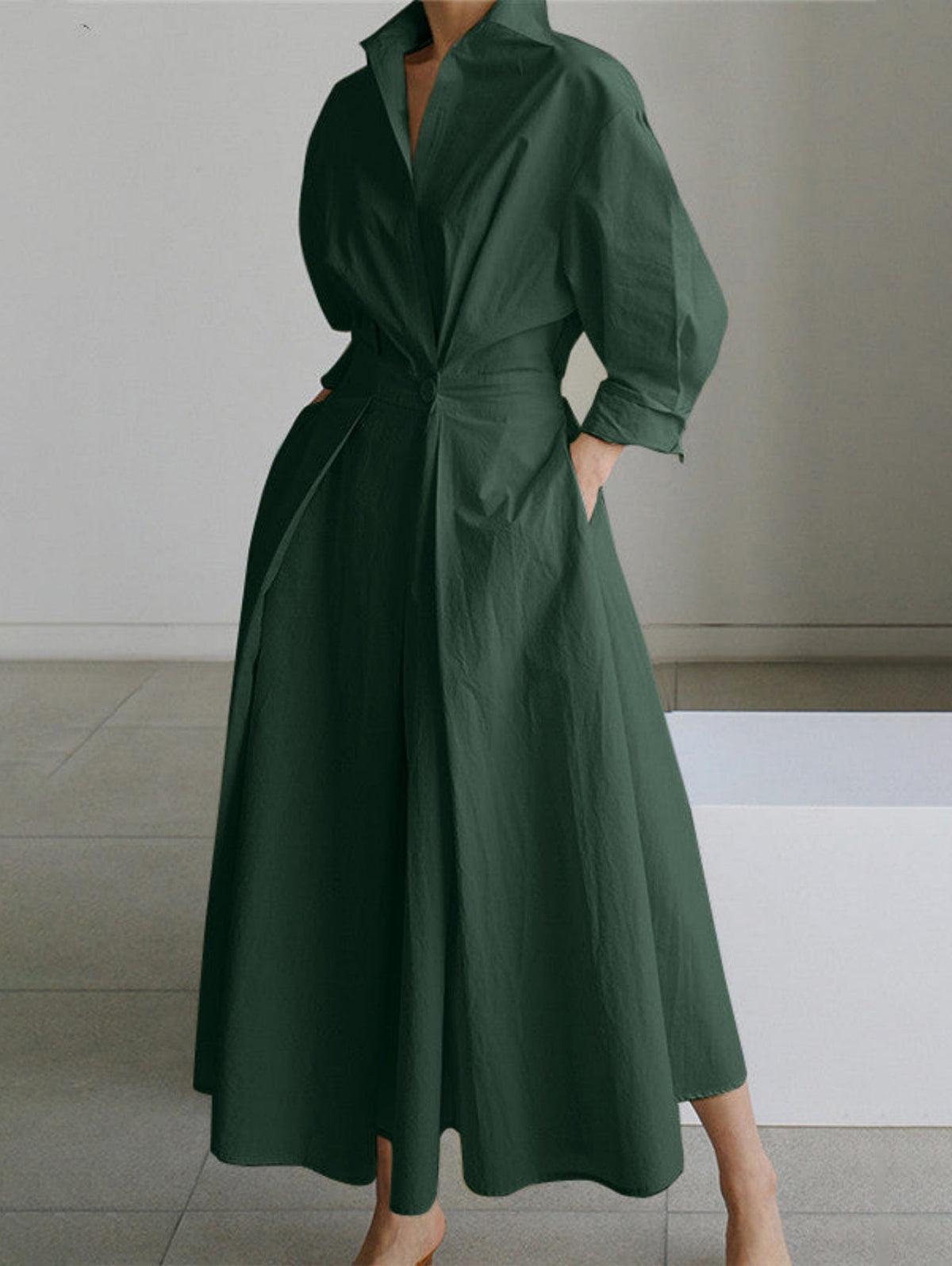 Abito Midi Elegante con Colletto a Revers e Bottoni