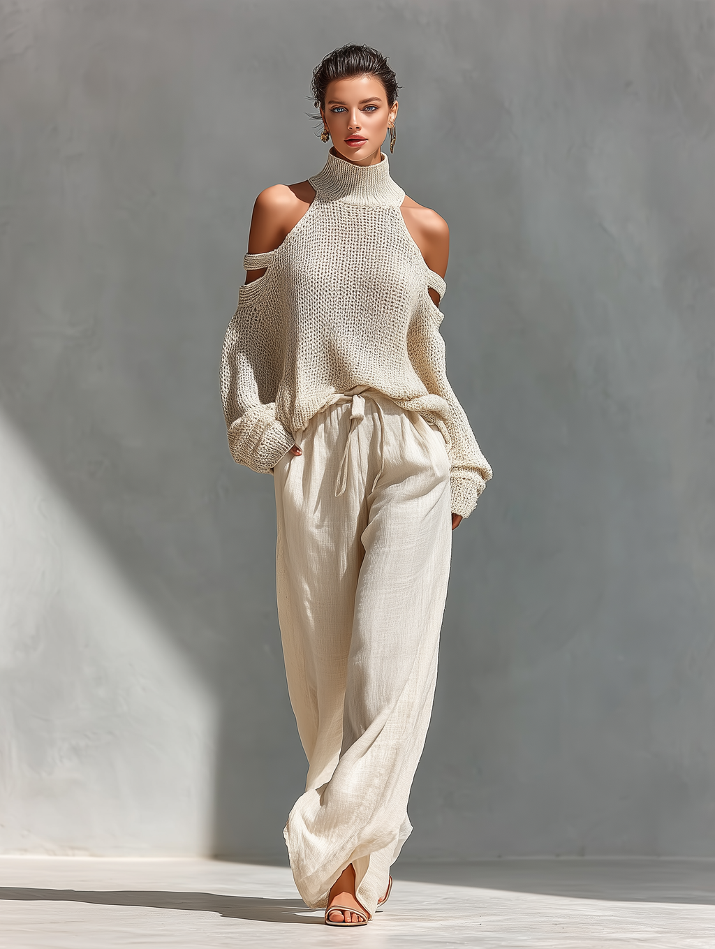 Concetta | Set Collo Alto e Gamba Larga in Maglia Beige