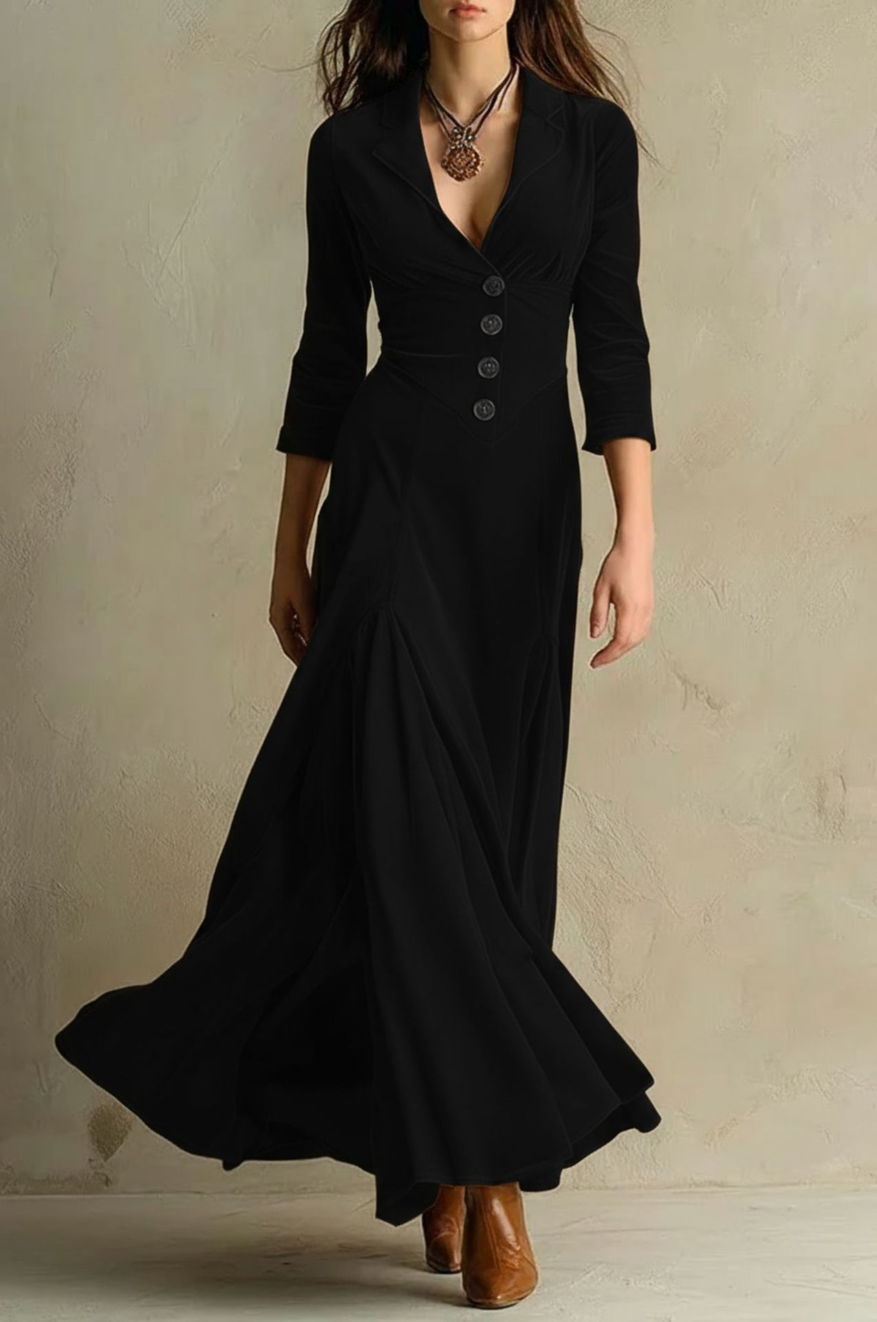Abito lungo in velluto marrone elegante stile retro con colletto