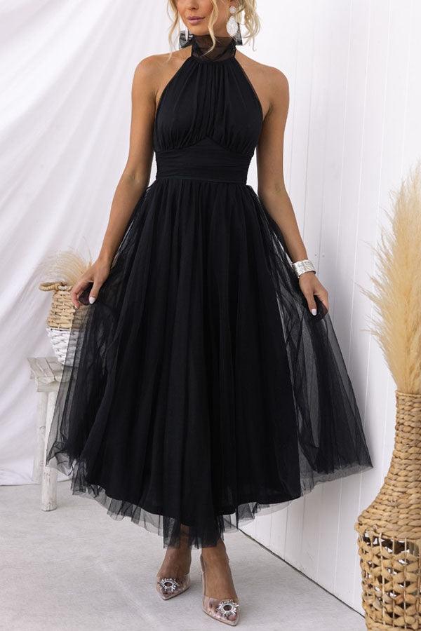 Abito Maxi Halter in Tulle con Dettagli Arricciati