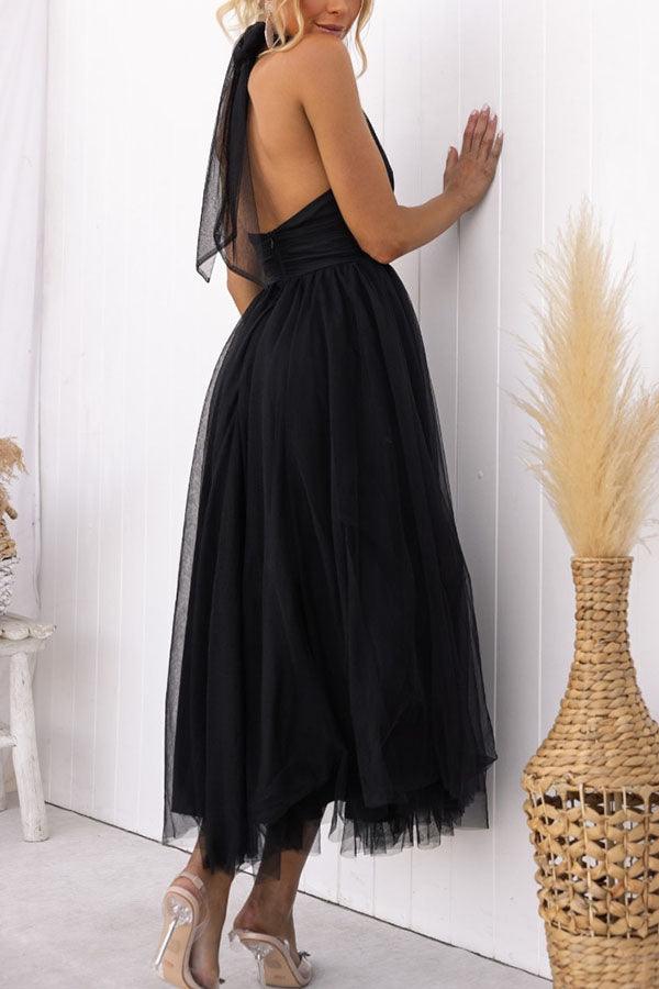 Abito Maxi Halter in Tulle con Dettagli Arricciati