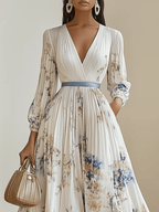 Abito Maxi A-Line in Chiffon Bianco Pieghettato con V Collo e Maniche a Palloncino a Fiori