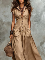 Genny | Abito Maxi in Cotone e Lino Khaki con Collo Camicia e Grandi Tasche Laterali