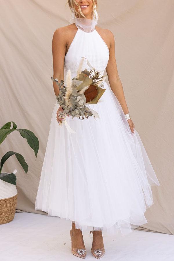 Abito Maxi Halter in Tulle con Dettagli Arricciati