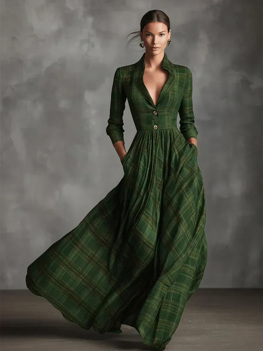 Elise | Elegante Maxikleid con motivo a quadri e scollatura a V