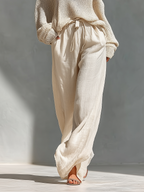 Concetta | Set Collo Alto e Gamba Larga in Maglia Beige