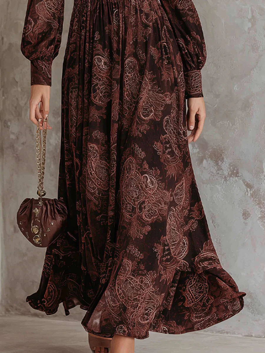 Abito Maxi con Zip e Stampa Paisley Marrone