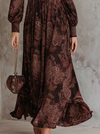 Abito Maxi con Zip e Stampa Paisley Marrone