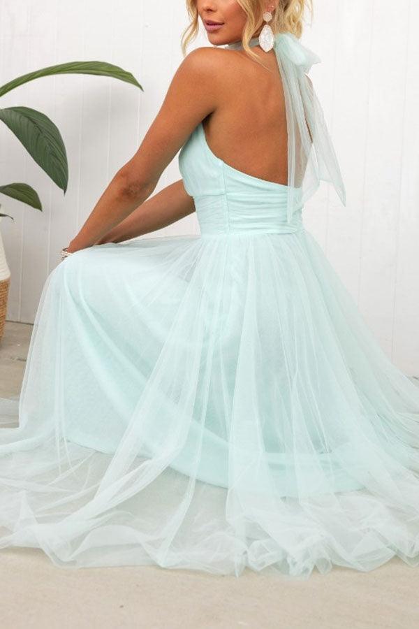 Abito Maxi Halter in Tulle con Dettagli Arricciati