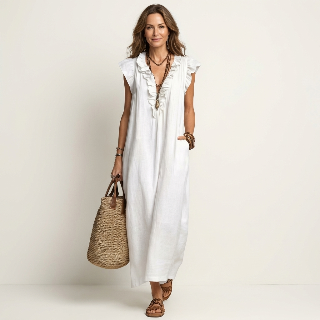 Monica | Abito Maxi in Misto Lino con Ruches e Scollo a V
