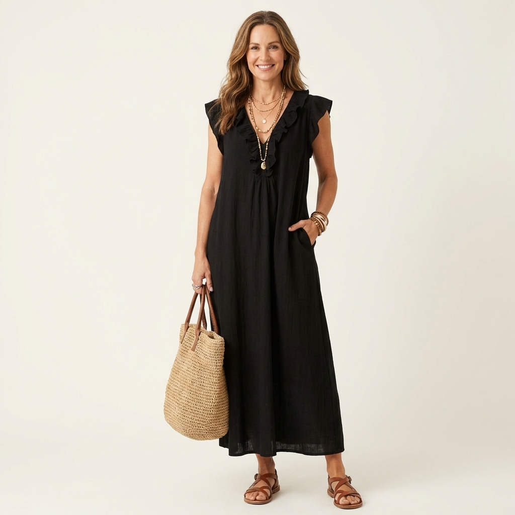 Monica | Abito Maxi in Misto Lino con Ruches e Scollo a V