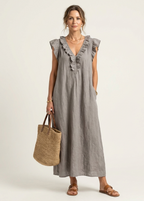 Monica | Abito Maxi in Misto Lino con Ruches e Scollo a V