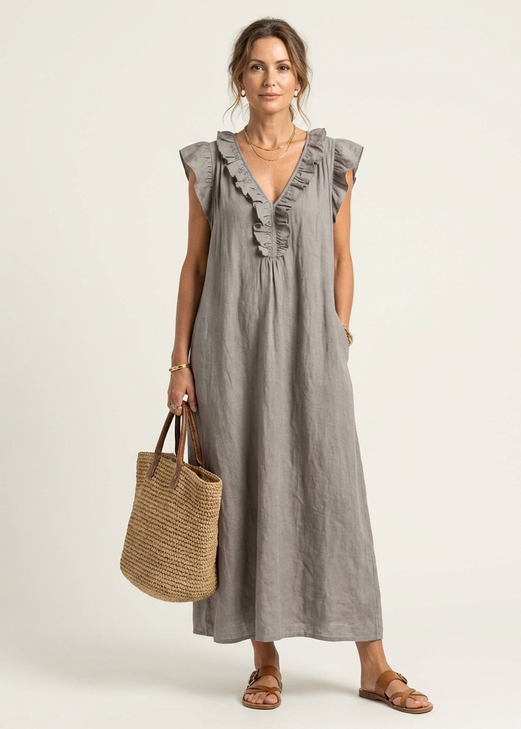 Monica | Abito Maxi in Misto Lino con Ruches e Scollo a V