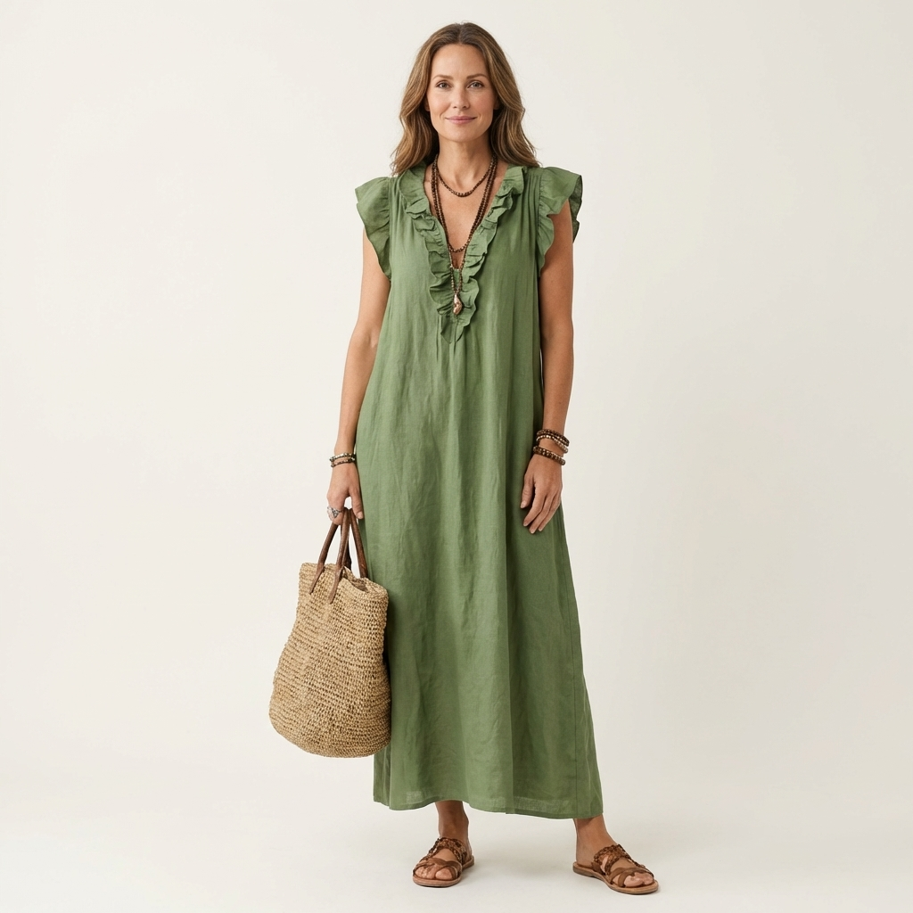 Monica | Abito Maxi in Misto Lino con Ruches e Scollo a V