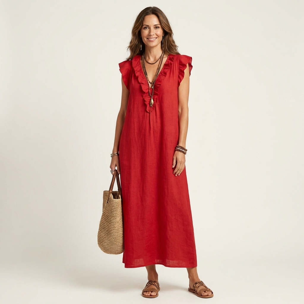 Monica | Abito Maxi in Misto Lino con Ruches e Scollo a V