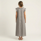 Monica | Abito Maxi in Misto Lino con Ruches e Scollo a V