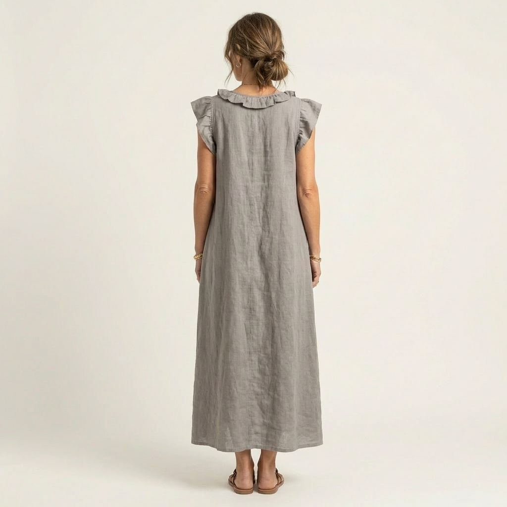 Monica | Abito Maxi in Misto Lino con Ruches e Scollo a V