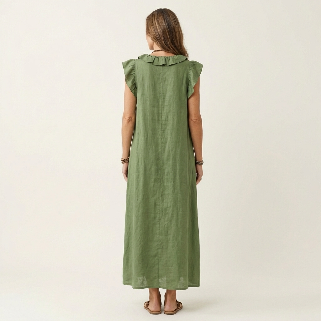 Monica | Abito Maxi in Misto Lino con Ruches e Scollo a V