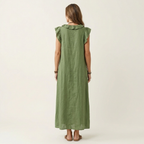 Monica | Abito Maxi in Misto Lino con Ruches e Scollo a V