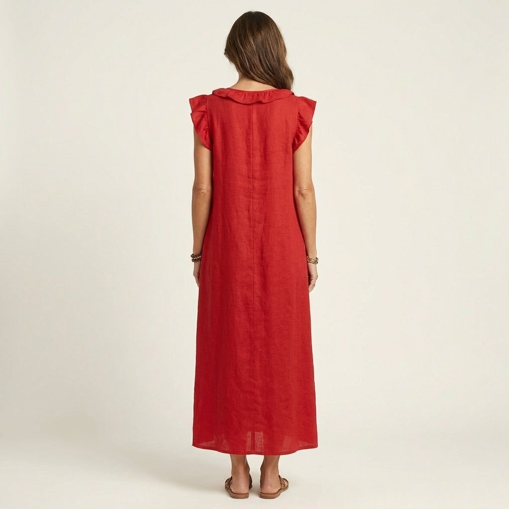 Monica | Abito Maxi in Misto Lino con Ruches e Scollo a V